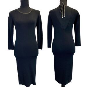 Dynamite black knit long sleeve metallic neckline bodycon dress Sz M